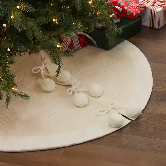 Online Kirklands Home Cream Metallic Pom Pom Christmas Tree Skirt Ivory