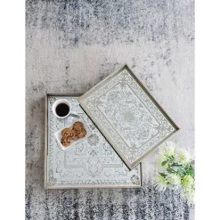 Online Kirklands Home Cream Moroccan Pattern Tray with Gold Edges White