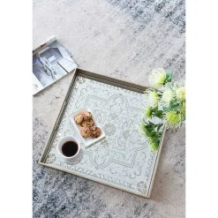 Online Kirklands Home Cream Moroccan Pattern Tray with Gold Edges White