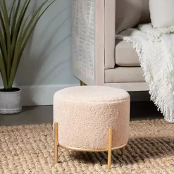 Hot Kirklands Home Cream Sherpa Upholstered Round Ottoman Ivory