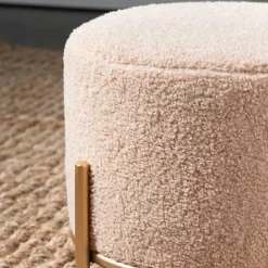 Hot Kirklands Home Cream Sherpa Upholstered Round Ottoman Ivory