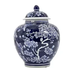 New Kirklands Home Dark Floral Chinoiserie Jar, 10 in. Blue