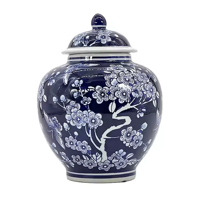 New Kirklands Home Dark Floral Chinoiserie Jar, 10 in. Blue