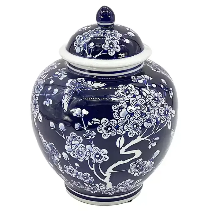 New Kirklands Home Dark Floral Chinoiserie Jar, 10 in. Blue