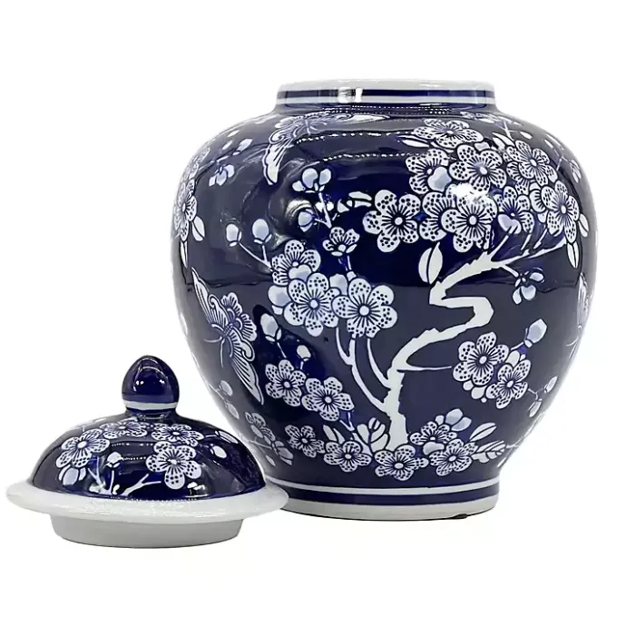 New Kirklands Home Dark Floral Chinoiserie Jar, 10 in. Blue
