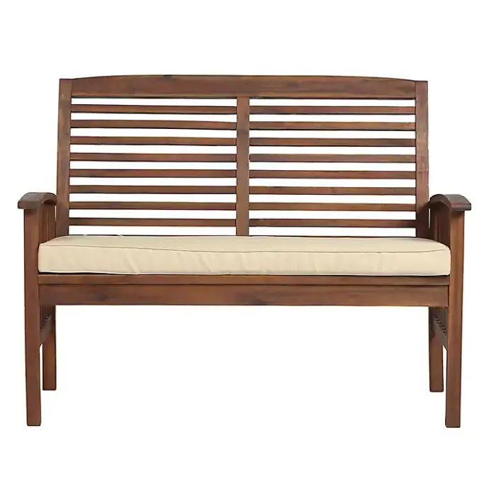 Discount Kirklands Home Dark Acacia Wood Loveseat Bench with Cushion Brown