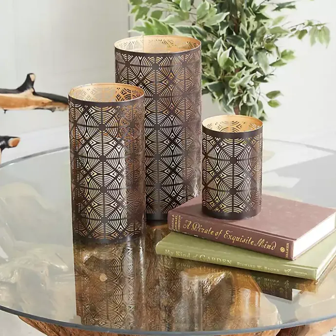 Hot Kirklands Home Dark Pierced Metal Candle Holders, Set of 3 Brown