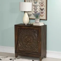 Hot Kirklands Home Dark Chestnut Medallion Carved Cabinet Brown