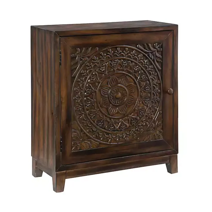 Hot Kirklands Home Dark Chestnut Medallion Carved Cabinet Brown