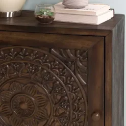 Hot Kirklands Home Dark Chestnut Medallion Carved Cabinet Brown