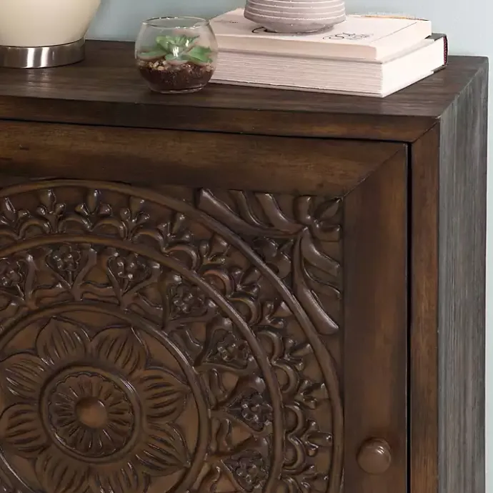 Hot Kirklands Home Dark Chestnut Medallion Carved Cabinet Brown