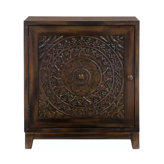 Hot Kirklands Home Dark Chestnut Medallion Carved Cabinet Brown