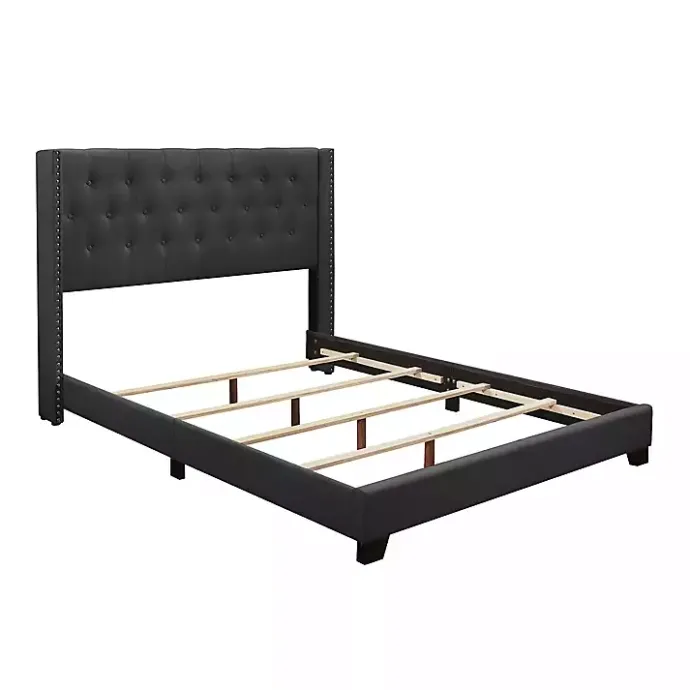 Kirklands Home Dark Upholstered Button Tufted Wing Queen Bed Gray