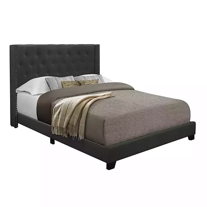 Kirklands Home Dark Upholstered Button Tufted Wing Queen Bed Gray