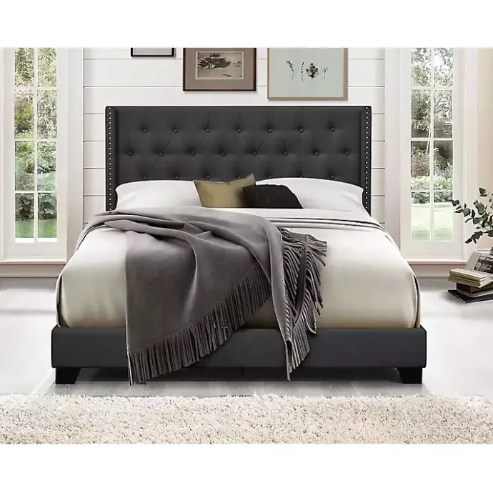 Kirklands Home Dark Upholstered Button Tufted Wing Queen Bed Gray