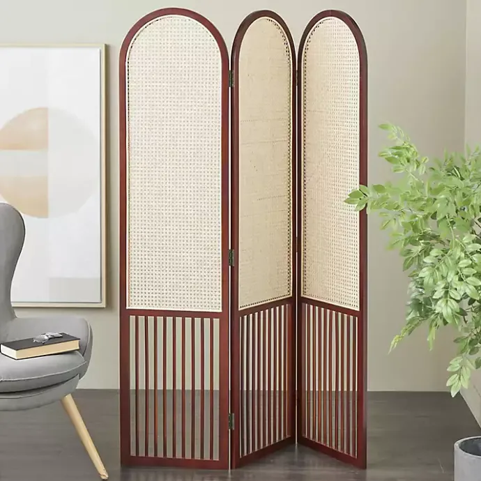 Kirklands Home Dark Wood & Rattan Arched Trifold Room Divider Brown