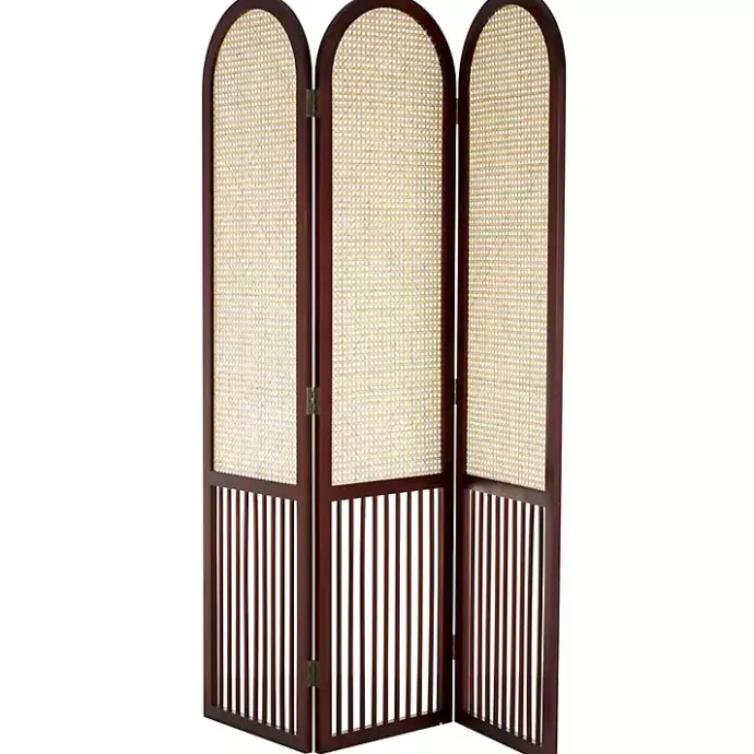 Kirklands Home Dark Wood & Rattan Arched Trifold Room Divider Brown