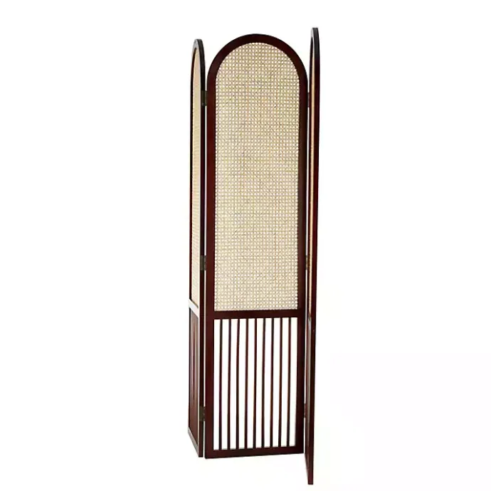 Kirklands Home Dark Wood & Rattan Arched Trifold Room Divider Brown