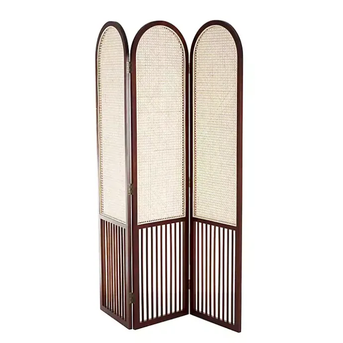 Kirklands Home Dark Wood & Rattan Arched Trifold Room Divider Brown