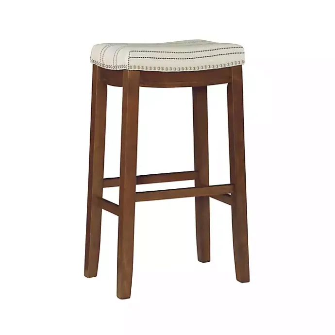Kirklands Home Dark Wood Bar Stool with Striped Cushion Gray