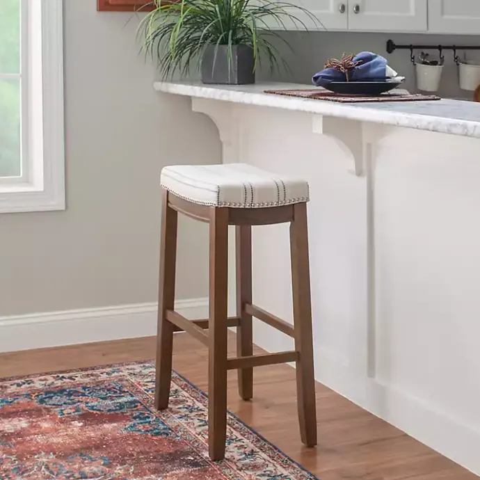 Kirklands Home Dark Wood Bar Stool with Striped Cushion Gray