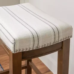 Kirklands Home Dark Wood Bar Stool with Striped Cushion Gray