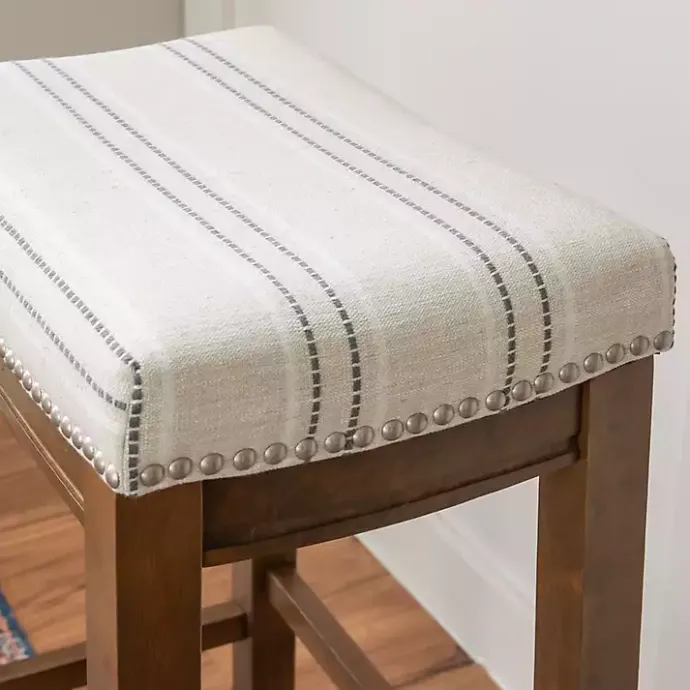 Kirklands Home Dark Wood Bar Stool with Striped Cushion Gray