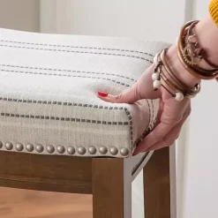 Kirklands Home Dark Wood Bar Stool with Striped Cushion Gray