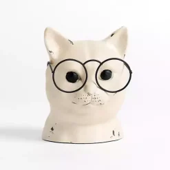 Hot Kirklands Home Distressed Cream Cat with Glasses Figurine White