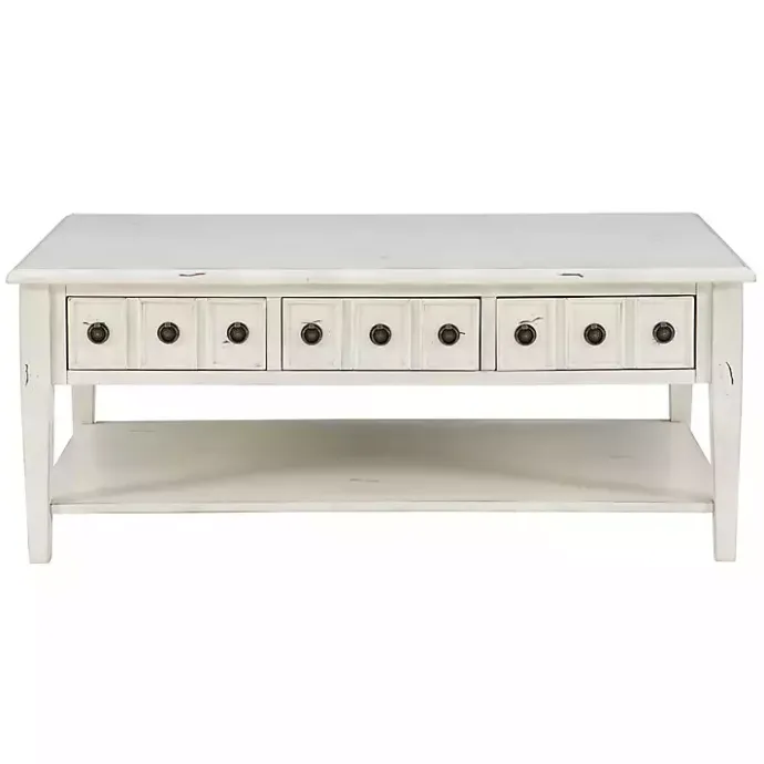 New Kirklands Home Distressed Cream Wood 3-Drawer Coffee Table Ivory