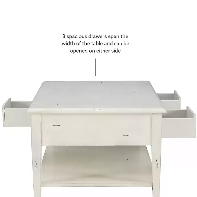 New Kirklands Home Distressed Cream Wood 3-Drawer Coffee Table Ivory