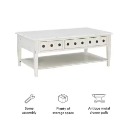 New Kirklands Home Distressed Cream Wood 3-Drawer Coffee Table Ivory