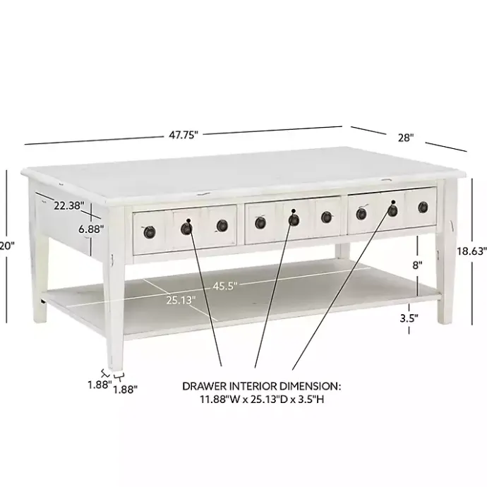 New Kirklands Home Distressed Cream Wood 3-Drawer Coffee Table Ivory