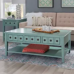 Outlet Kirklands Home Distressed Turquoise Wood 3-Drawer Coffee Table Blue