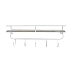 Discount Kirklands Home Distressed White Metal Wall Shelf with Hooks
