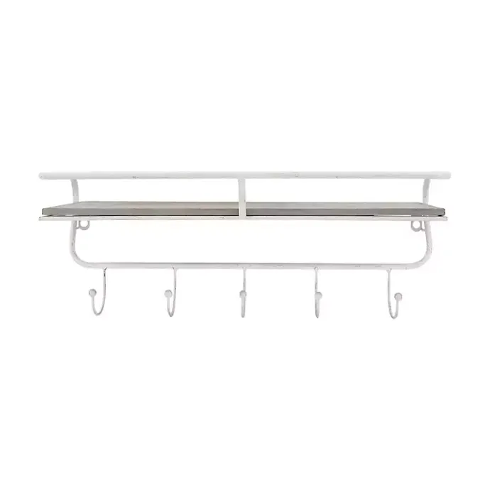 Discount Kirklands Home Distressed White Metal Wall Shelf with Hooks