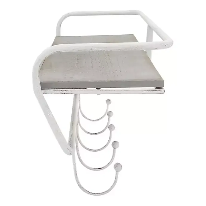 Discount Kirklands Home Distressed White Metal Wall Shelf with Hooks