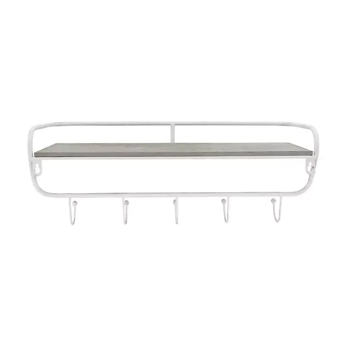 Discount Kirklands Home Distressed White Metal Wall Shelf with Hooks