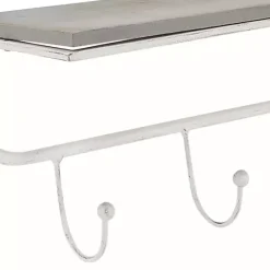 Discount Kirklands Home Distressed White Metal Wall Shelf with Hooks