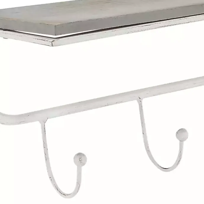 Discount Kirklands Home Distressed White Metal Wall Shelf with Hooks