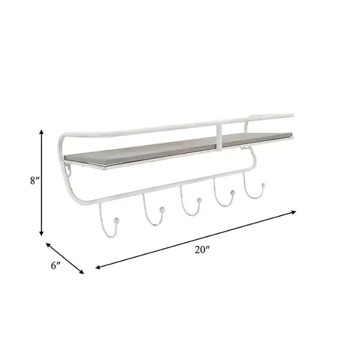 Discount Kirklands Home Distressed White Metal Wall Shelf with Hooks