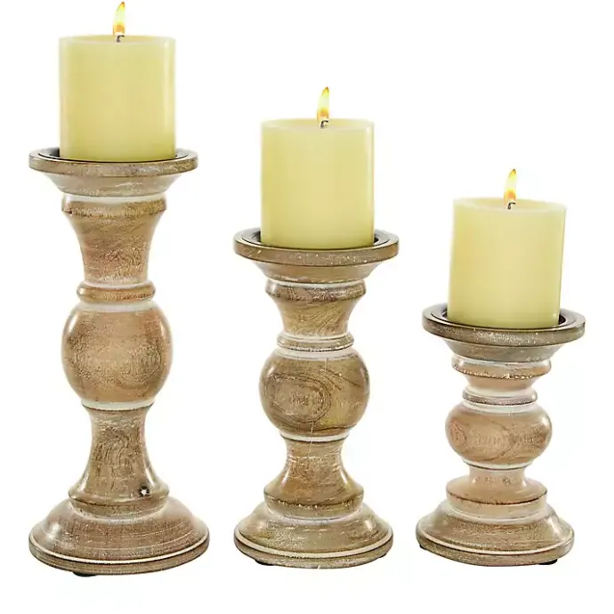 Hot Kirklands Home Distressed Wood Pillar Candle Holders, Set of 3 Brown
