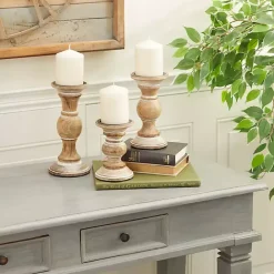 Hot Kirklands Home Distressed Wood Pillar Candle Holders, Set of 3 Brown