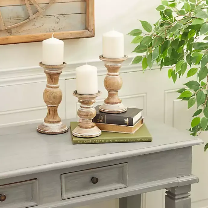 Hot Kirklands Home Distressed Wood Pillar Candle Holders, Set of 3 Brown