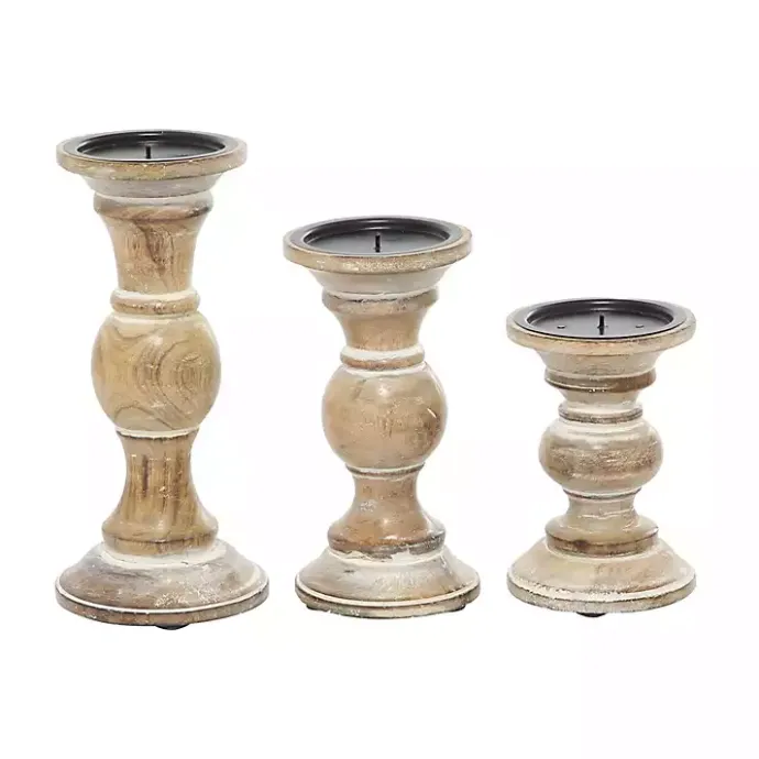 Hot Kirklands Home Distressed Wood Pillar Candle Holders, Set of 3 Brown