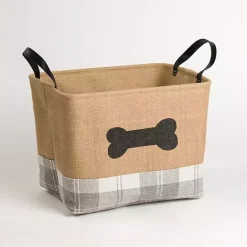 Hot Kirklands Home Dog Bone Gray Plaid Leather Handle Jute Bin