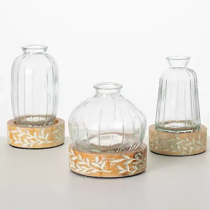 Discount Kirklands Home Embossed Wood and Glass Vases, Set of 3