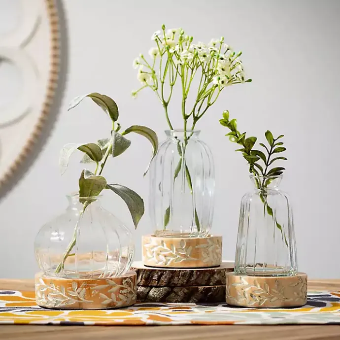 Discount Kirklands Home Embossed Wood and Glass Vases, Set of 3