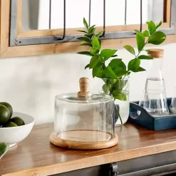 Hot Kirklands Home Farmhouse Wood and Glass Cloche, 6 in. Brown