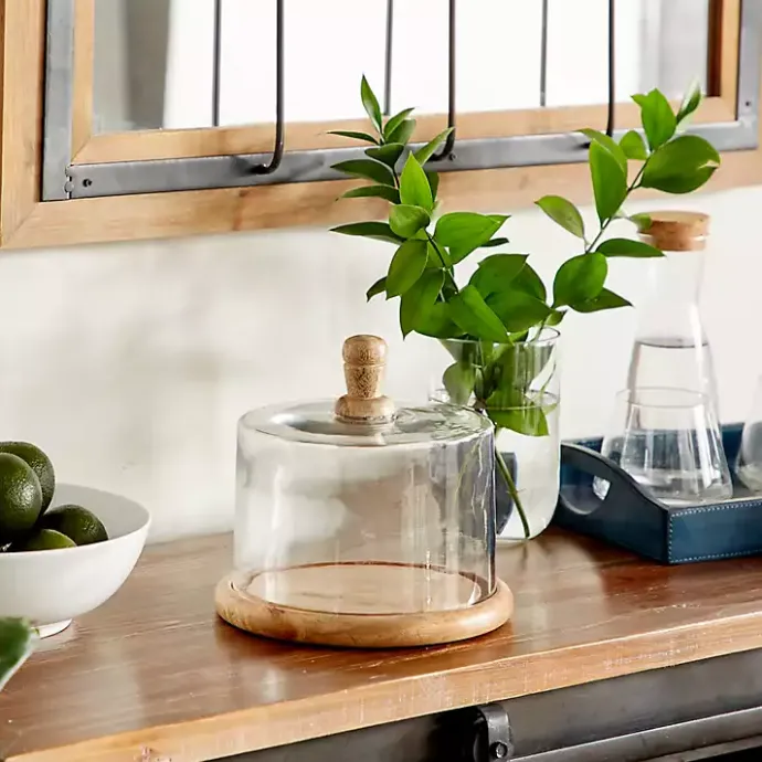 Hot Kirklands Home Farmhouse Wood and Glass Cloche, 6 in. Brown